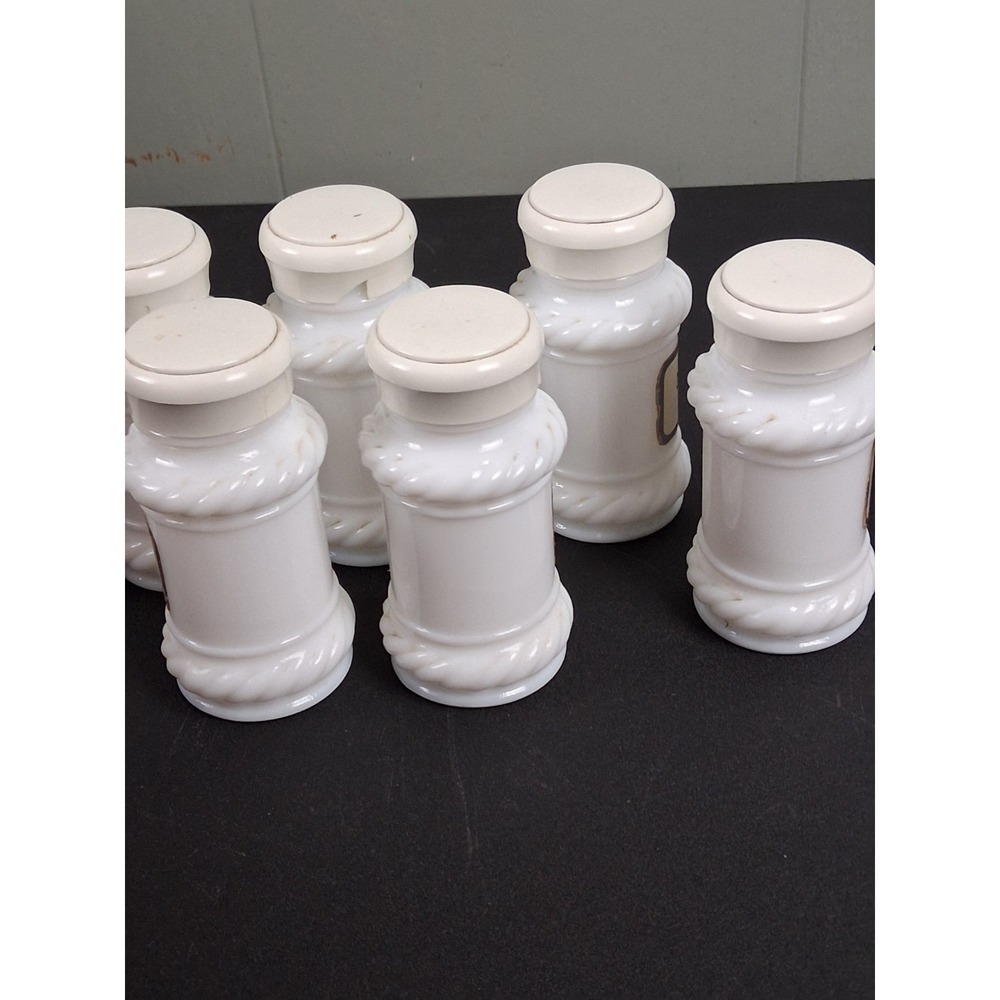 Vintage White Milk Glass Spice Apothecary Jars 3 1/2" Colonial Style Lot of 7 - Picture 2 of 11